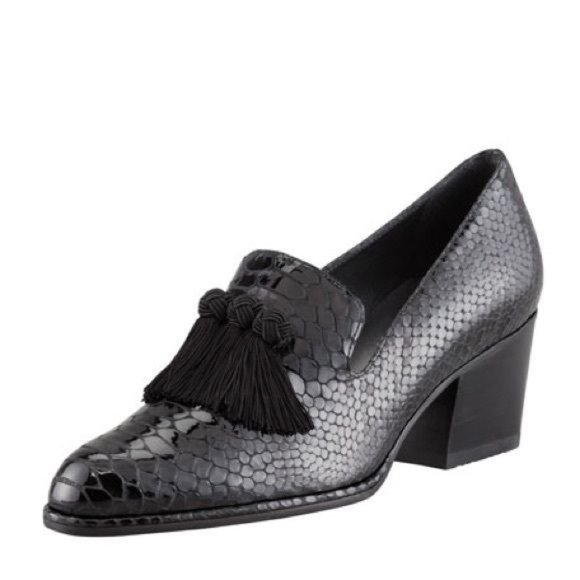 Stuart Weitzman Razmataz Leather Tassel Block Heel Loafers Black Croc Snake 8